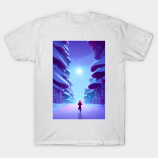 Anime Girl Moon Snowy Empty Street Christmas Landscape T-Shirt